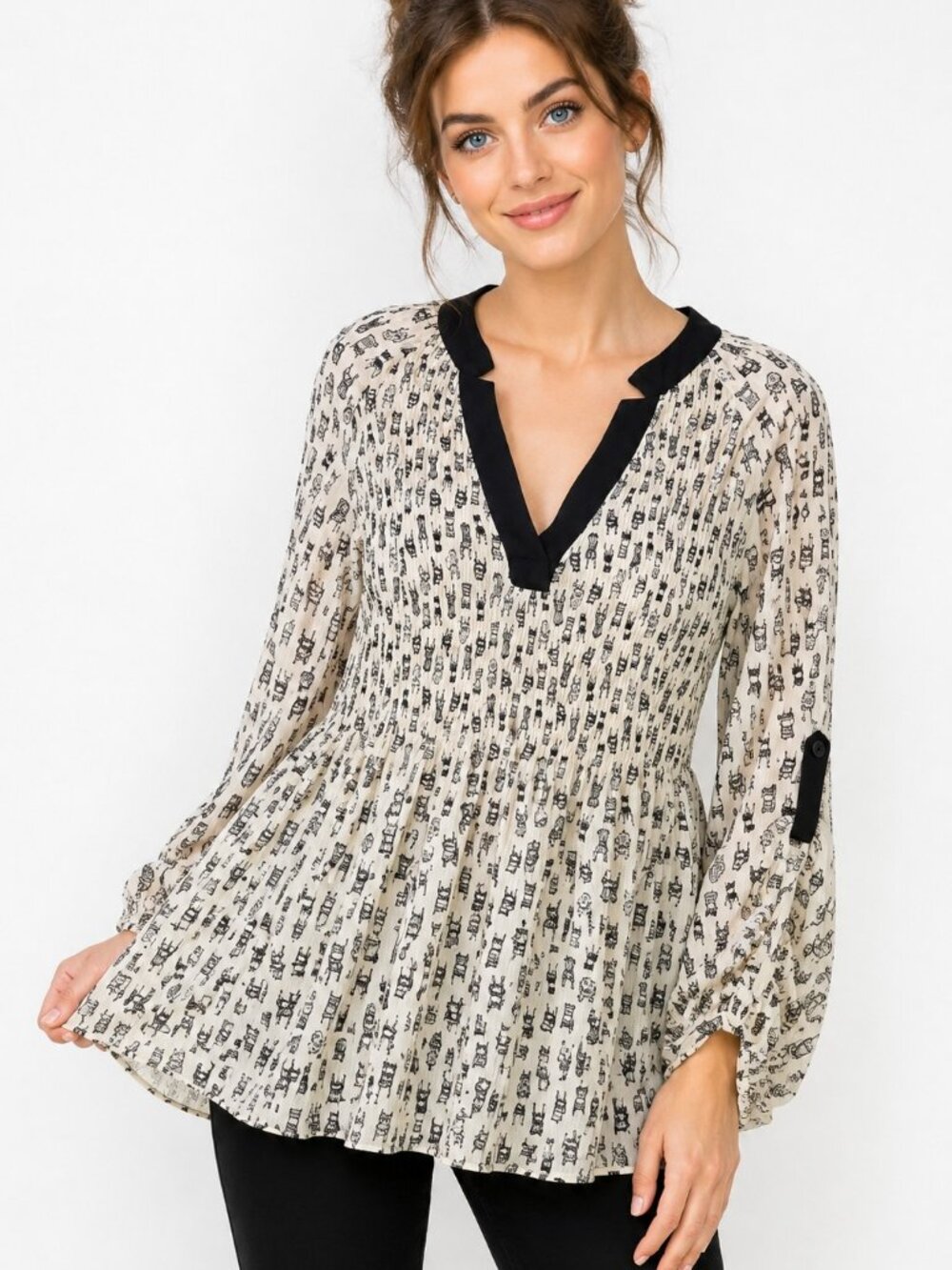 Sunny Leigh Smocked Tunic Top XL Black Chair Print Boho Peasant Semi Sheer